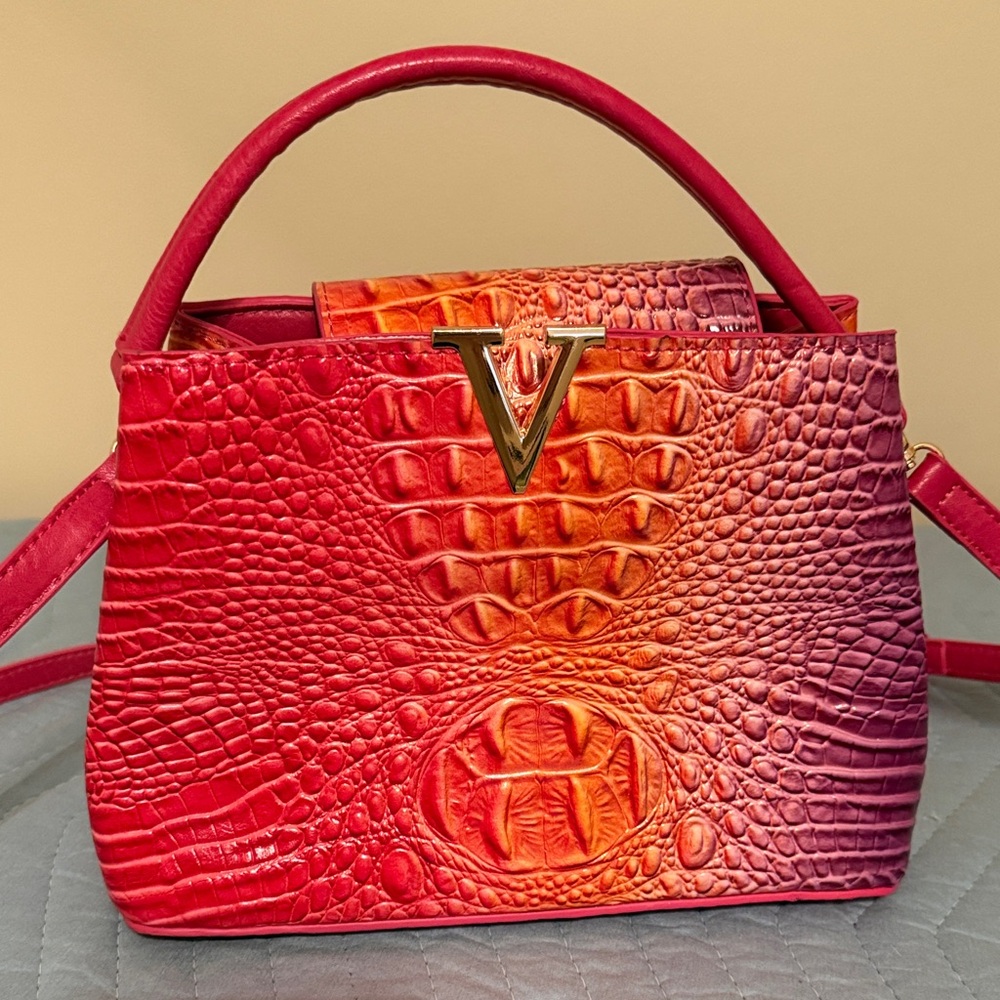 Elegant Red and Purple Croc-Embossed Shoulder Bag